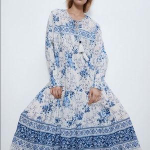 Zara Bohème tiered maxi dress blue and white flower print